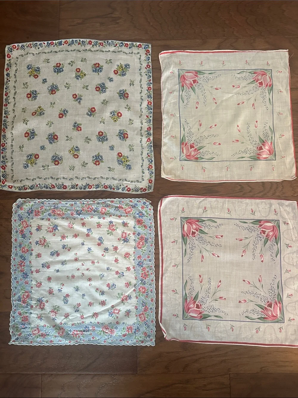 Vintage Floral Cotton Handkerchief with Blue Border